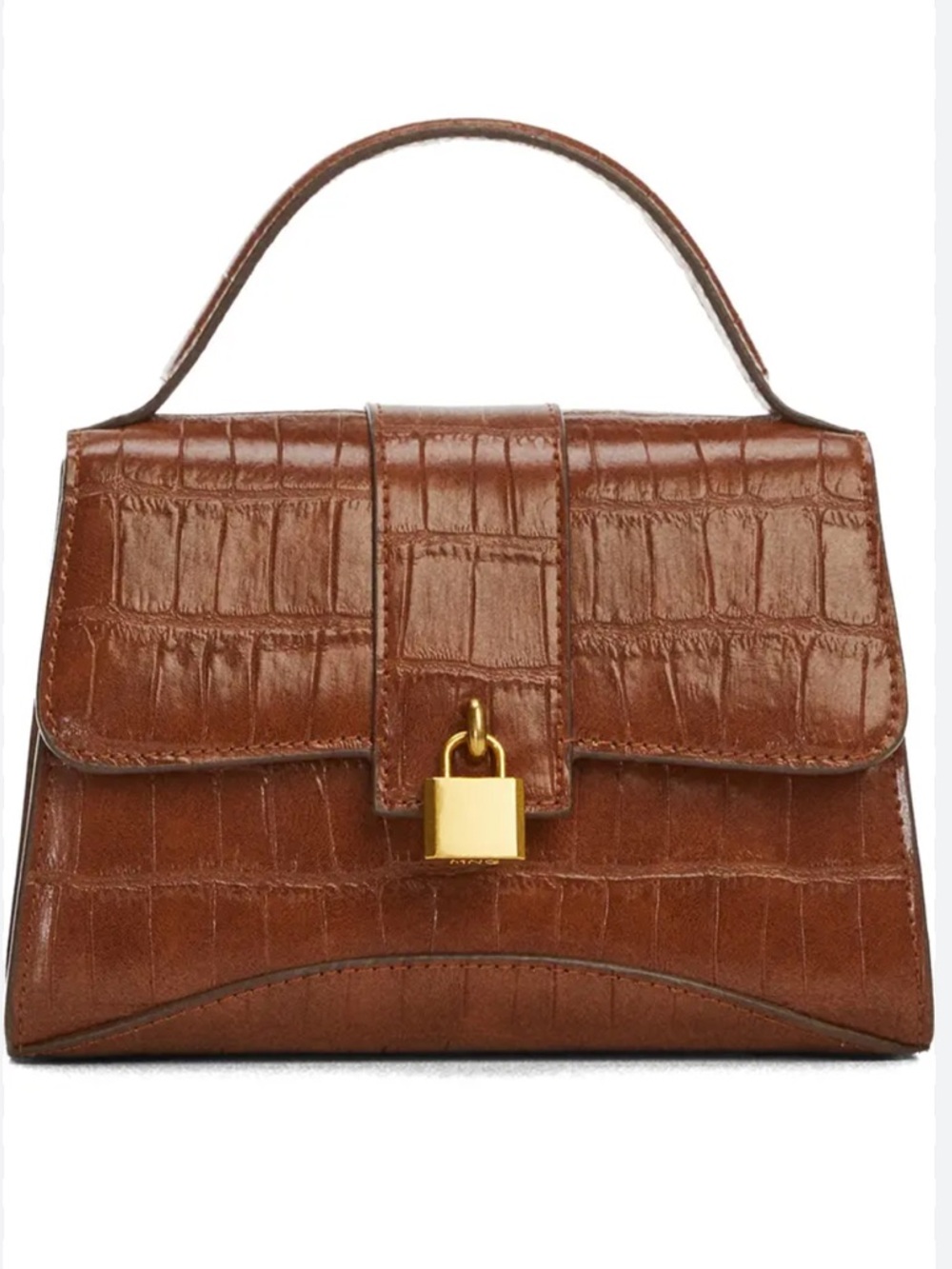 Mango Brown Croc-Embossed Top Handle Satchel with Gold Padlock